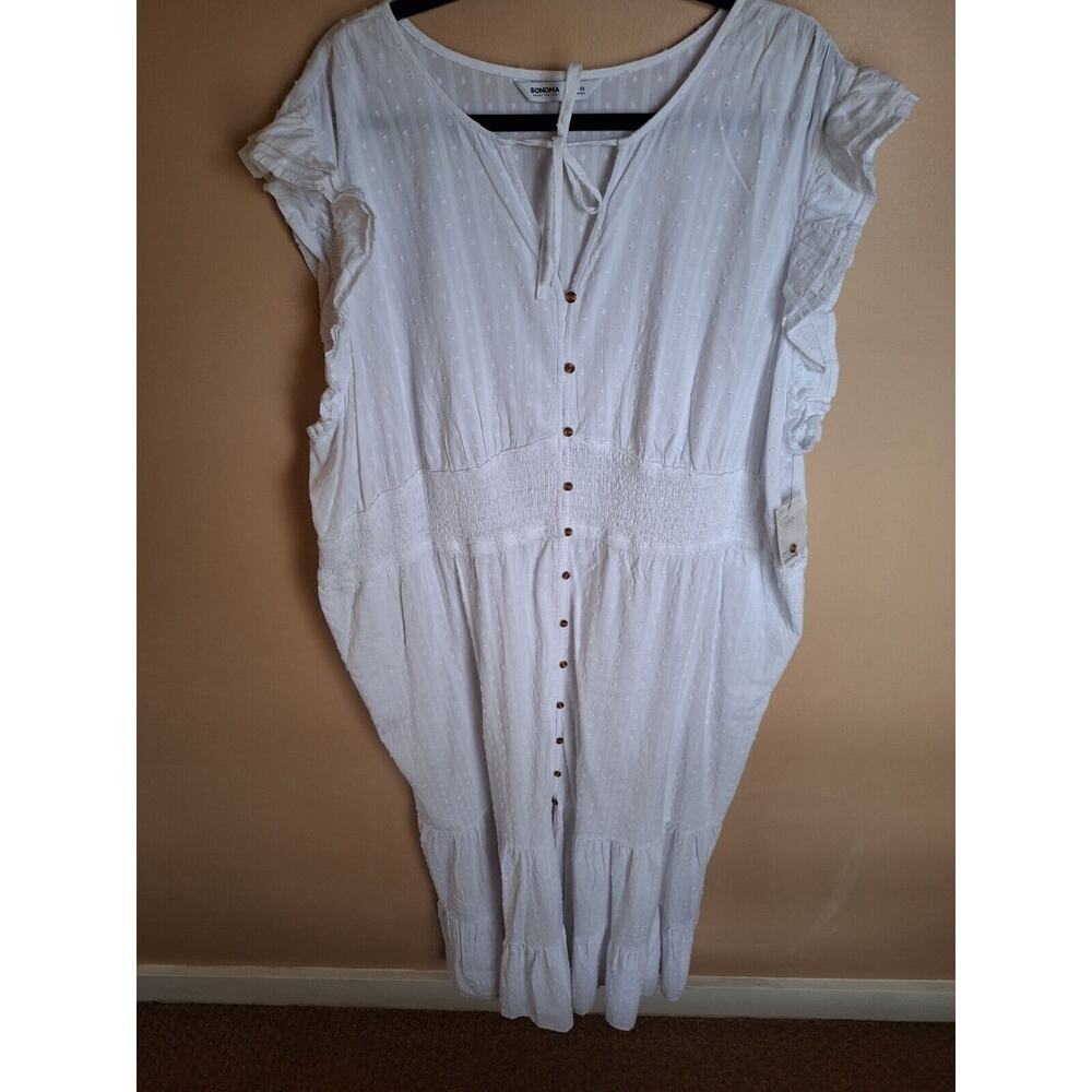 Sonoma‎ Womans 4X White Coastal Swiss Dot Button Up Tiered Maxi Sun Dress